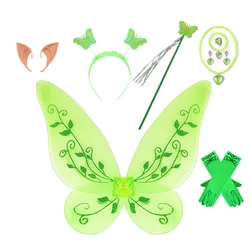 Girls Green Fairy Cosplay Props Kids Butterfly Wings Headband Necklace Bracelet Earrings Party Tinkerbell Cosplay Dress Up Sets