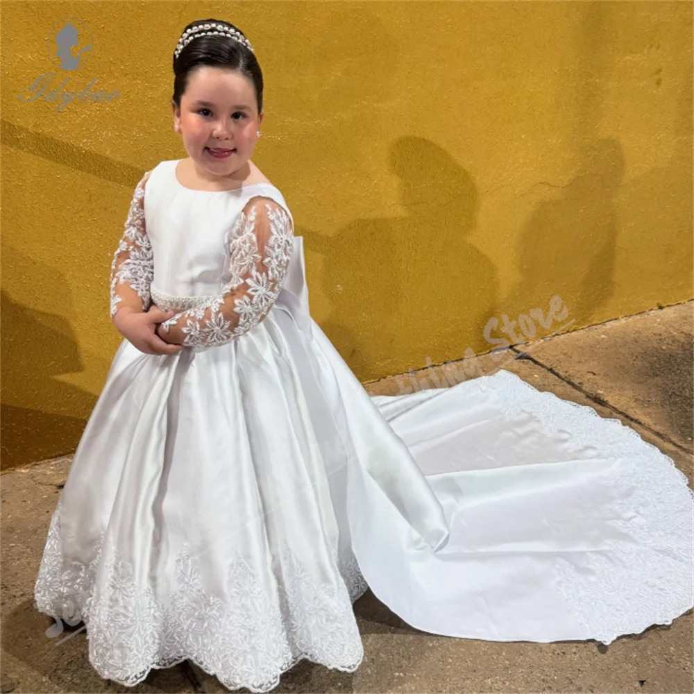 

White Satin Long Sleeve Kids Girls Birthday Dress Fluffy Pearl Belt Flower Girl Dress For Wedding Formal Occasion Photography