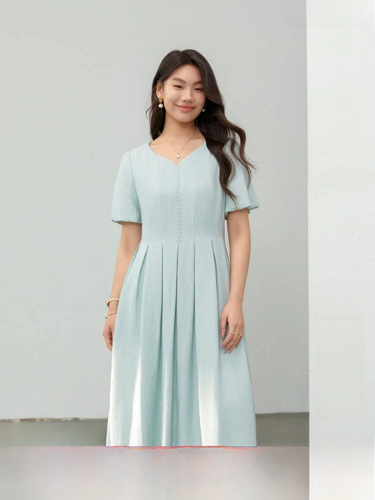 

Elegant Slimming Pleated Waist Cinched Dress Gentle Wind Large Size Women's Summer New Style Commute Style High Waist Short S...