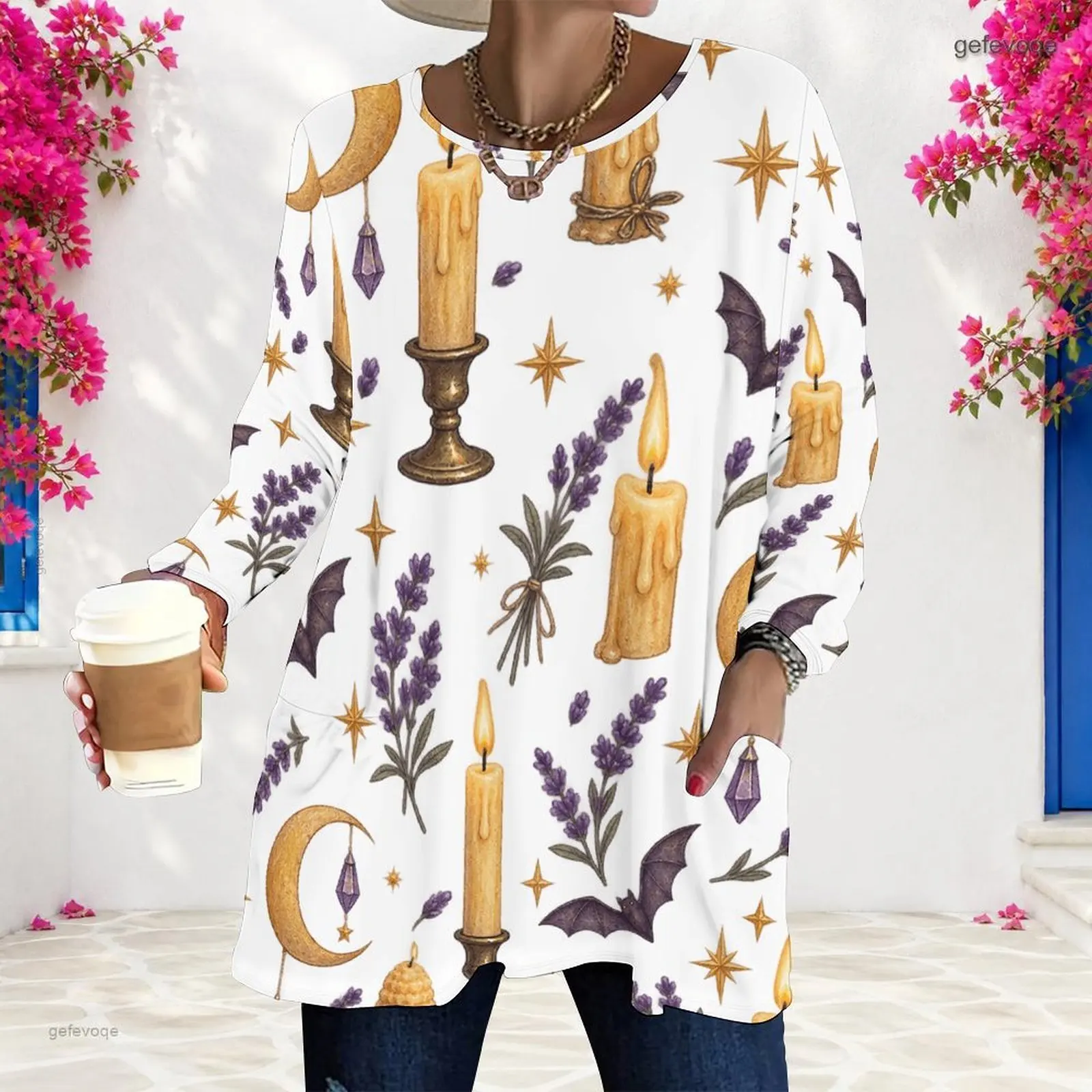 Women Round Neck Long Sleeve Printed Top, Loose Fit with Pockets, Candle Lavender Bat Moon Star Pattern