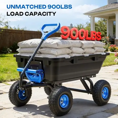 Heavy Duty 900LB Garden Dump Cart Wagon with 10 Pneumatic Tires Quick Release 4 Wheel Steel Frame for Yard Farm