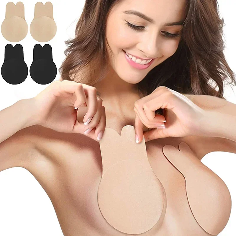 Women push up bras self adhesive silicone strapless invisible bra reusable sticky breast lift tape rabbit nipple cover bra pads