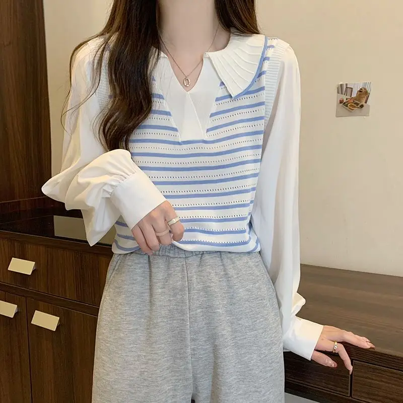 Spring Autumn Elegant Fashion Fake Two Pieces Tshirt Women Clothing Sweet Turn-down Collar Long Sleeve Top Striped Knit Pullover