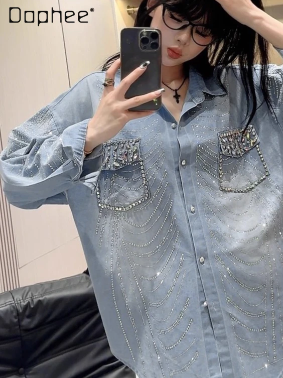 

European Heavy Industry Rhinestone Long Sleeve Denim Shirt Jacket Women Commuting Style Loose Fashion Casual Camisas De Mujer