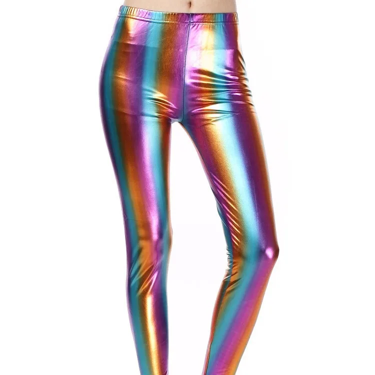 

Sexy Nightclub Pants Laser Gold Foil Women's Pants Rainbow adient Color Synthetic Leather Tights Butt Lifting Ladies Pants