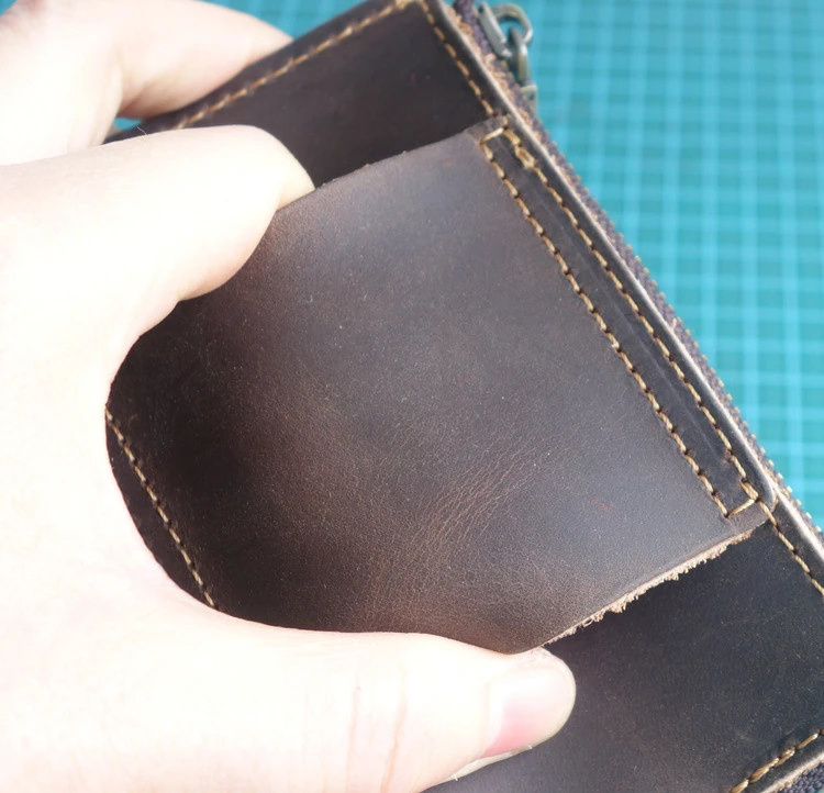 Portafoglio in pelle ultrasottile Porta carte con cintura in pura pelle di vitello Porta carte da uomo portatile con cerniera retrò Licenza di guida Full Genuine L...