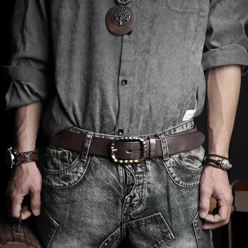 Thick Genuine Leather Belt Vintage Men Wide Belt Male Cowhide Single Pin Buckle Strap Cowboy Jeans Belt