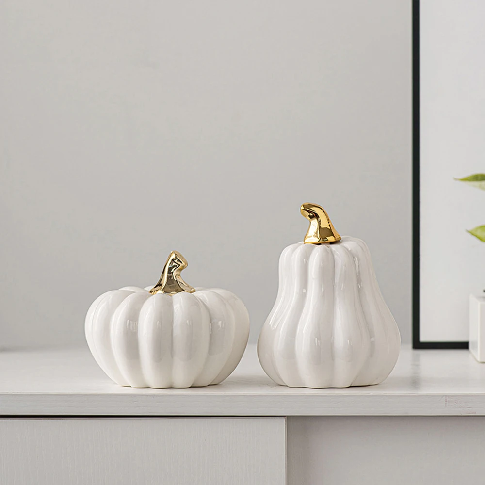 European Style Gold or White Ceramic Funny Vegetable Pumpkin Ornament Home Figurines Arts Crafts Desk Decor Statues Sculpture