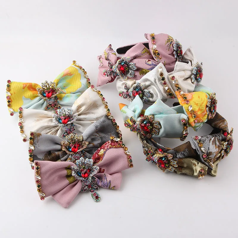 New Fashion Colored Flower Cloth Bow Diamond Headband Ladies Prom Beautiful Hairpin