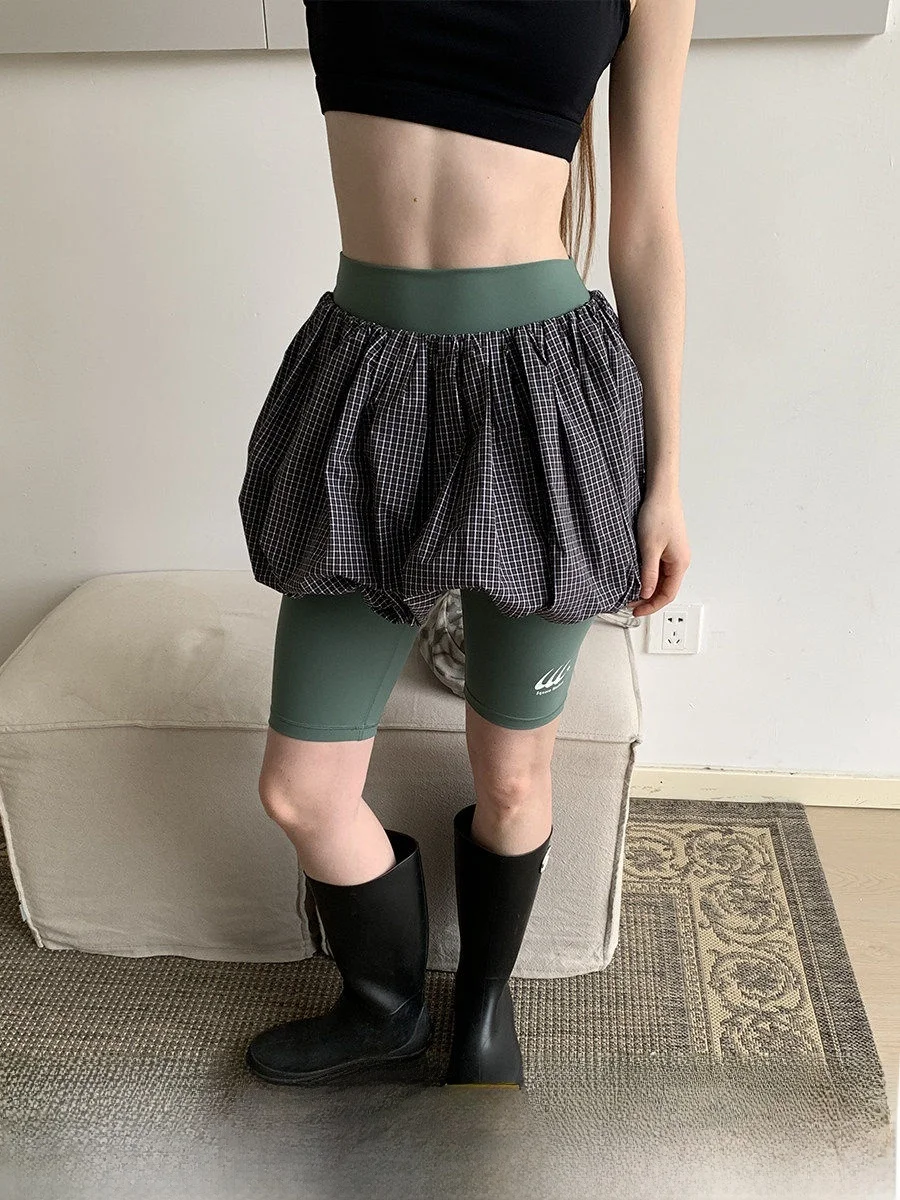 

Sweet Cool Girl Color Block Plaid Skirt Women's Puffy Flower Bud A-Line Short Skirt Girls' Spring Summer Polyester Fiber
