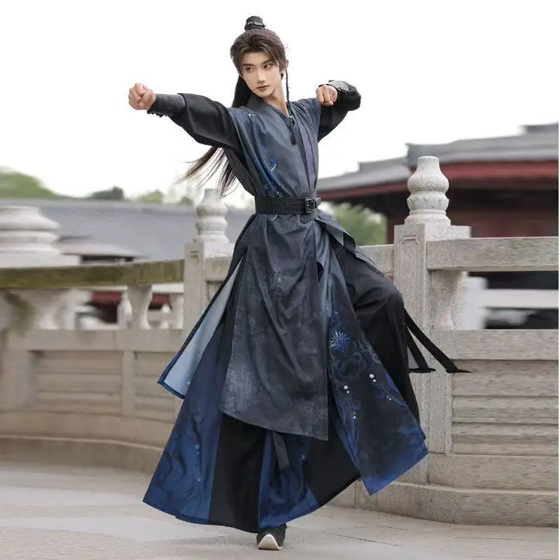 

Traditional Wuxia Martial Hanfu Men's Ancient Chinese Gradient Printing Long Robe Stylish Halloween Immortal Cosplay Outfits