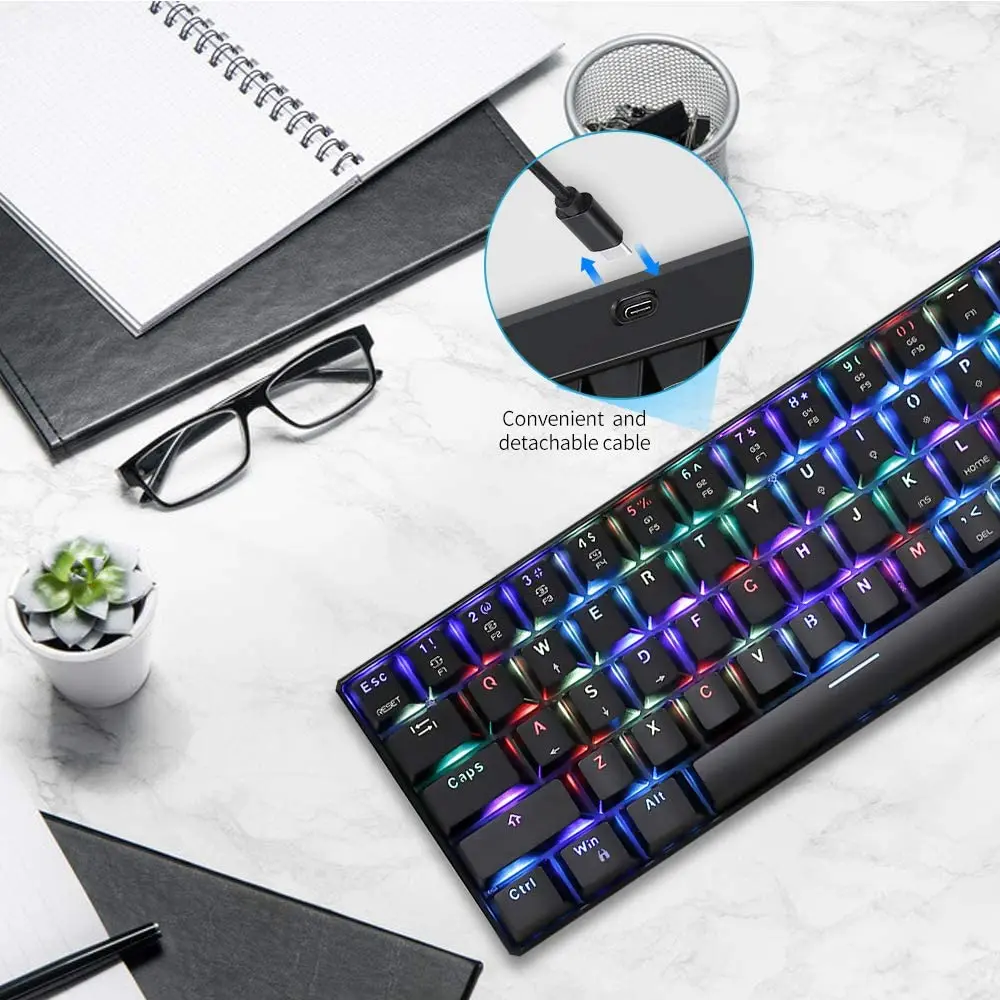 Motospeed CK61 Mechanical Keyboard Portable 61 Keys RGB LED Backlit USB Wired Office/Gaming Keyboards for Mac, Android, Windows