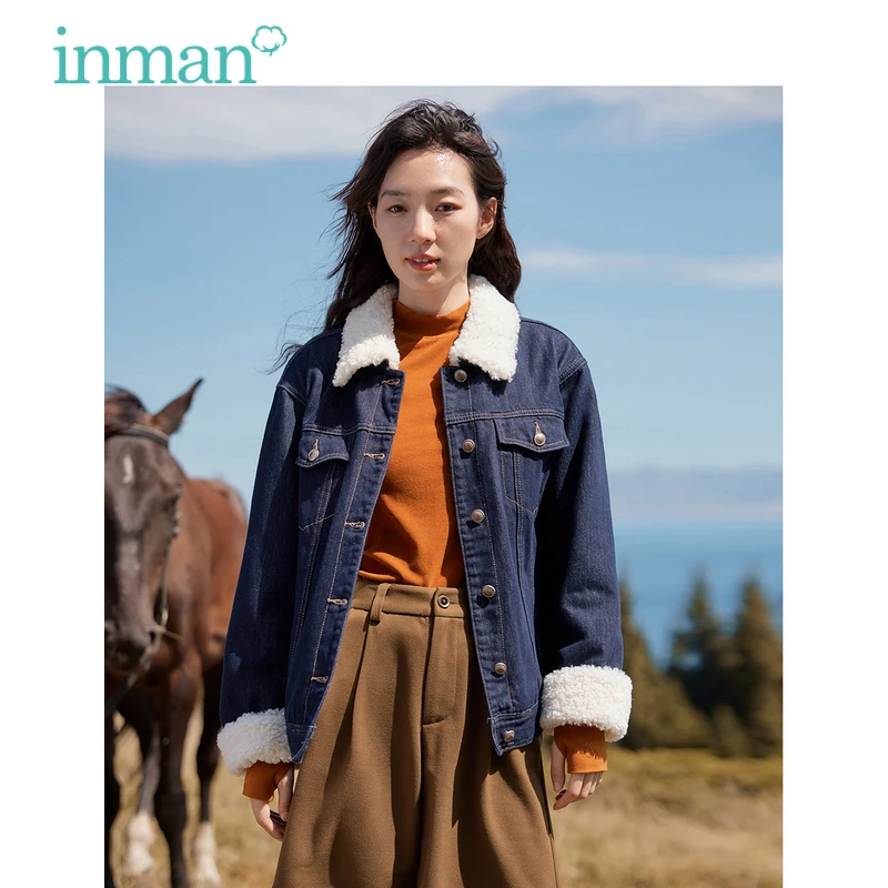 INMAN jaket Denim wanita, tebal lengan panjang leher Polo longgar wol domba mode kasual Semua cocok Musim Dingin 2023