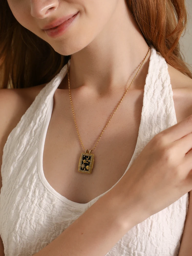 E.B.belle Colorful Enamel Square Zircon Pendant Necklace 18K Gold Plated Stainless Steel Fashion Neck Jewelry view 5