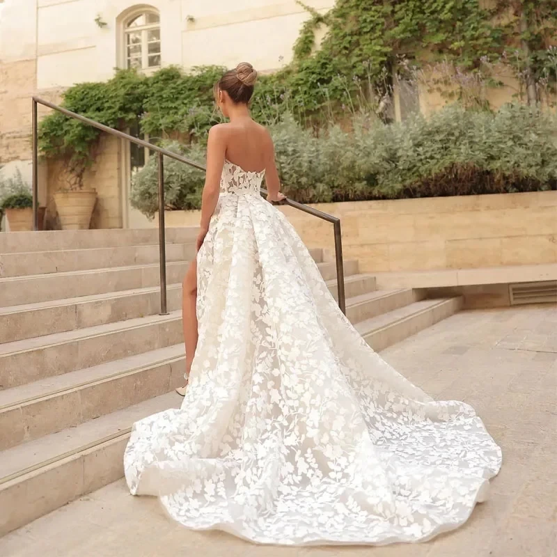 New A Line Wedding Dress Sweethart Full Lace Sleeveless Side Slit Bridal Dresses Boho Bride Gown vestidos de novia