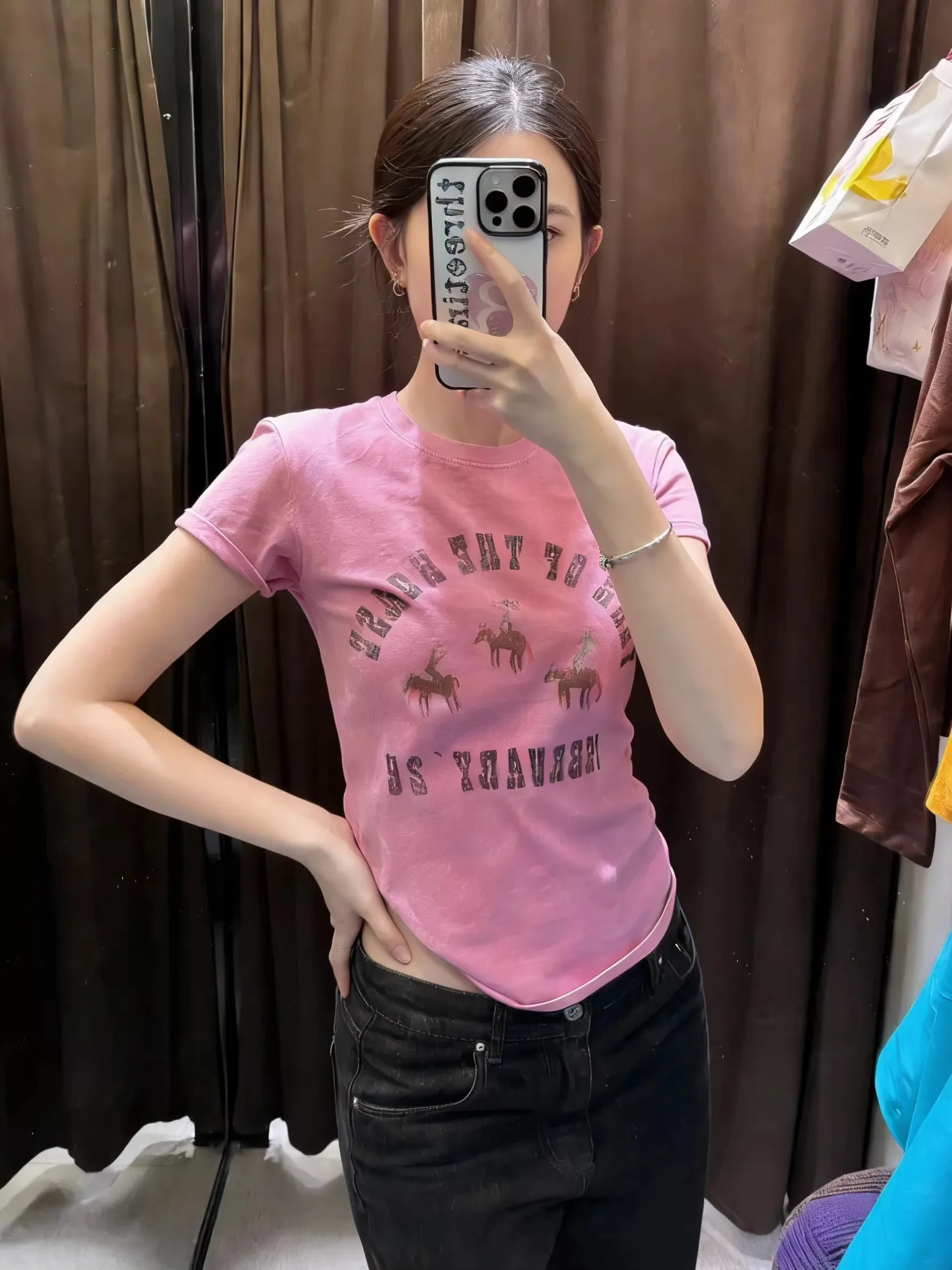 

Женская розовая футболка Slim Fit с принтом, повседневная, летняя, новая модная коллекция 2026, в корейском стиле