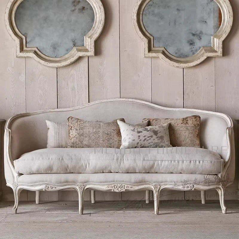 

French solid wood three-person sofa, retro solid wood carving flower old sofa, French model room high-end leisure sofa