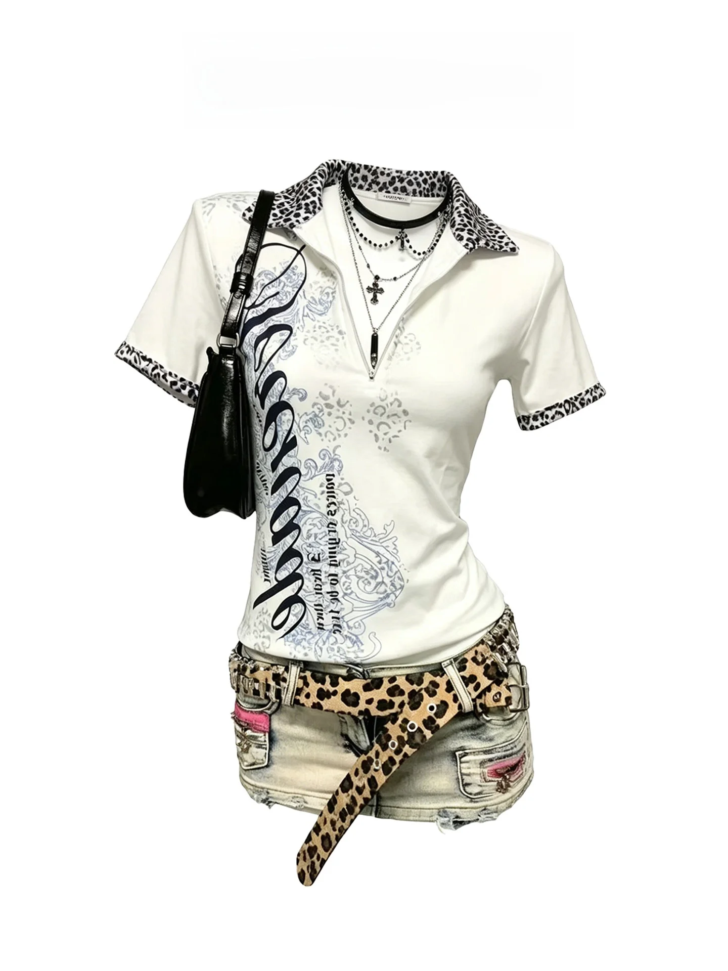 

Millennial Subculture Leopard Print Spliced Short Sleeve T-Shirt Women Summer Hot Girl Outfit Top Short Skirt Two-Piece Set