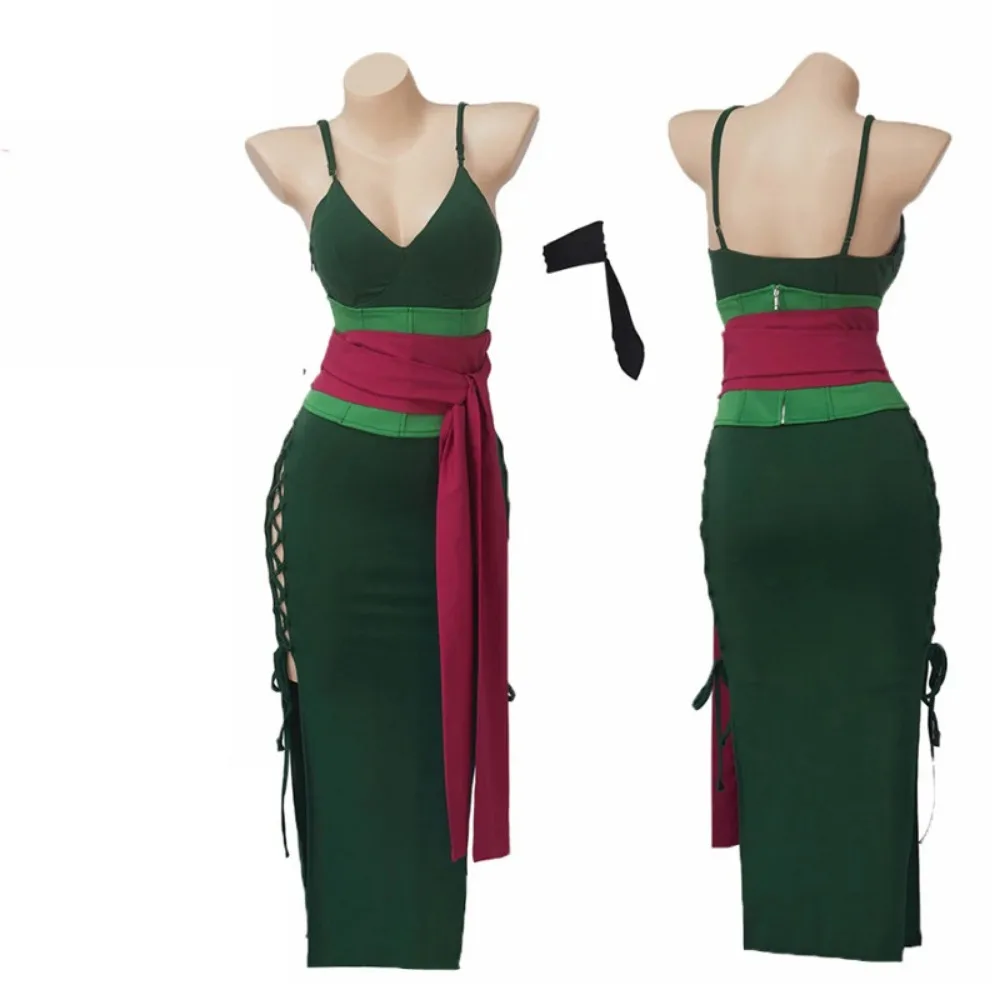 

Anime Wano Country Roronoa Cosplay Costume Zoro Female Dress with Belt Full Set Women Zoro Green Sexy Dress Suit for Halloween