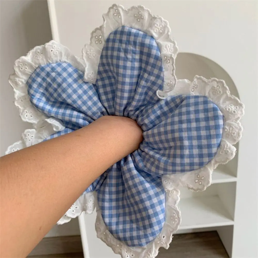 Fashion Korean Style Flower Scrunchies Cloth Large Plaid Lace Scrunchies Ponytail Holder Hair Tie Exaggerated Hair Ring Daily