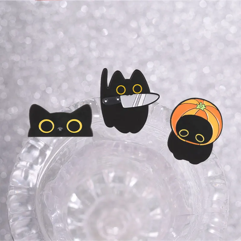 Schwarze Katzen-Abzeichen, Niedliche Cartoon-Messer-Kätzchen Emaille-Pin, Gruselige Halloween-Kürbis-Hut-Brosche, Tier-Accessoires, Deko-Geschenk – Detail 6