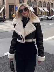 HH Women Fashion Thick Warm Faux Shearling Crop Coat Vintage Long Sleeve Zipper Jacket Autumn Female Outerwear Chic Tops