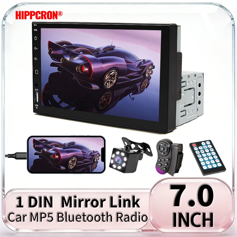Radio samochodowe Hippcron 7” 1 Din Multimedialny odtwarzacz MP5 z ekranem dotykowym HD, FM, wejściem ISO Aux…