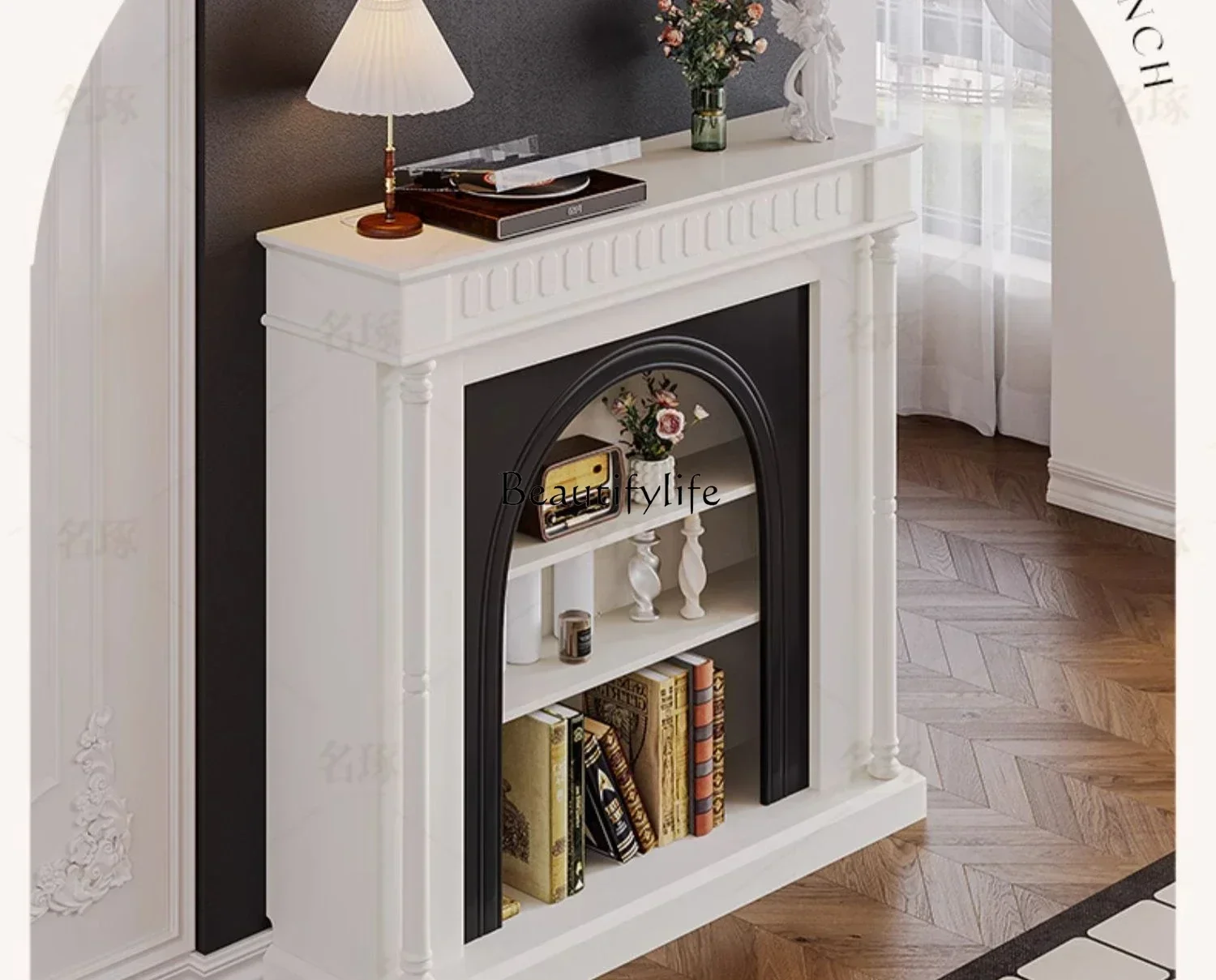 

French retro living room fireplace cabinet American black and white decorative cabinet ornament porch against the wall