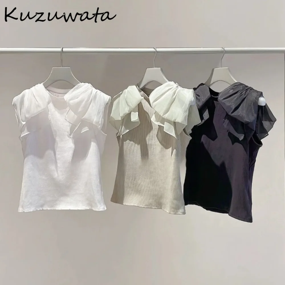 

Kuzuwata Simple Bow Sleeveless Knit Tops Literary Vintage All-match Fresh Ropa Mujer Japan Sweet Exquisite Office Lady T-shirt