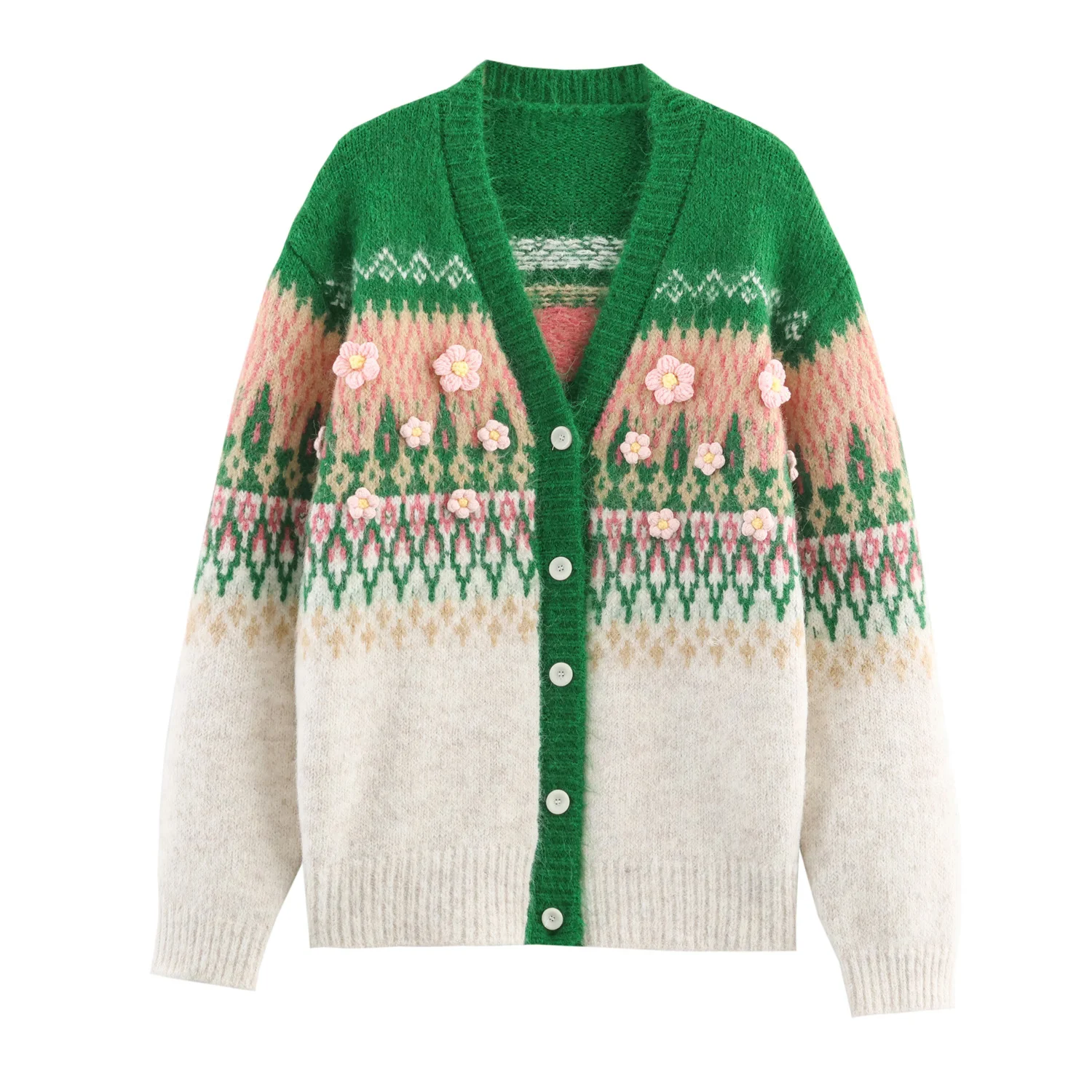 2025 Vintage Winter Vrouwen Geometrische Plaid 3D Bloem Volledige Mouw Slouchy Gebreid Vest V-hals Losse Totem Trui Groen Kaki