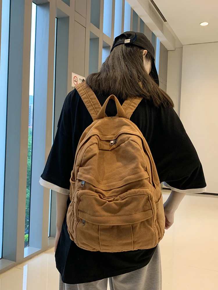 Ladies Backpack Harajuku Women Simple College Student Bag Solid Color Vintage Large Capacity Casual Fashion Schoolbag