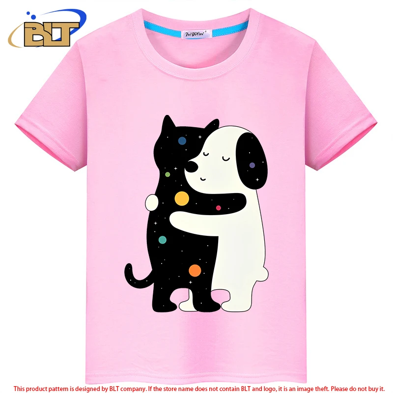 Camiseta infantil de manga curta de abraço de gato e cachorro, tops casuais para meninos e meninas, idioma universal, verão