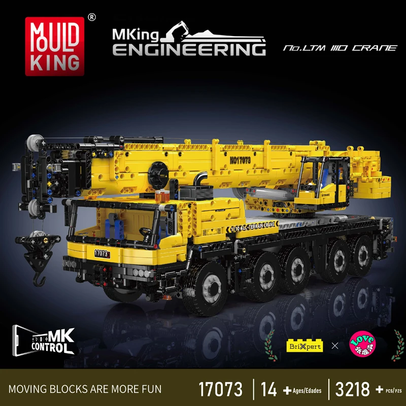MOLD KING 17073 17074 การวิเคราะห์เมืองวิศวกรรมLTM1110 Mobile Crane APPรีโมทคอนโทรลอาคารบล็อกรถบรรทุกของเล่นสําหรับผู้ใหญ่