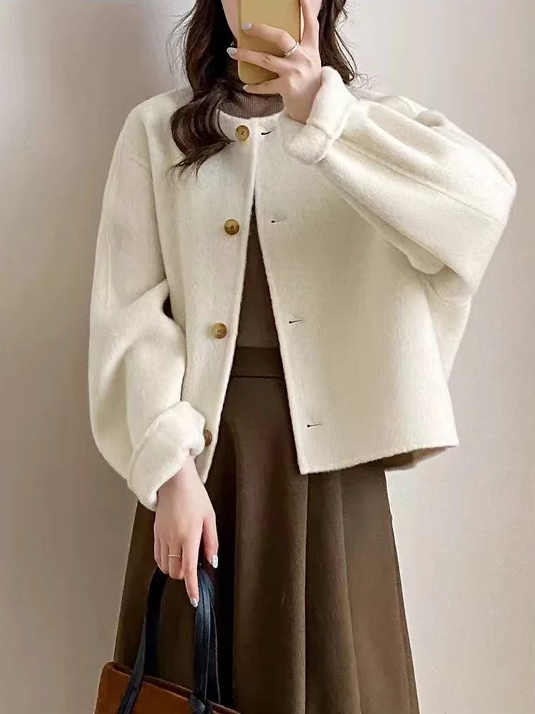 여성용 인조 울 코트 한국 스타일 우아한 루즈 싱글 브레스티드 크롭 재킷 봄 럭셔리 오피스 레이디 올 매치 블렌디드 아우터웨어
