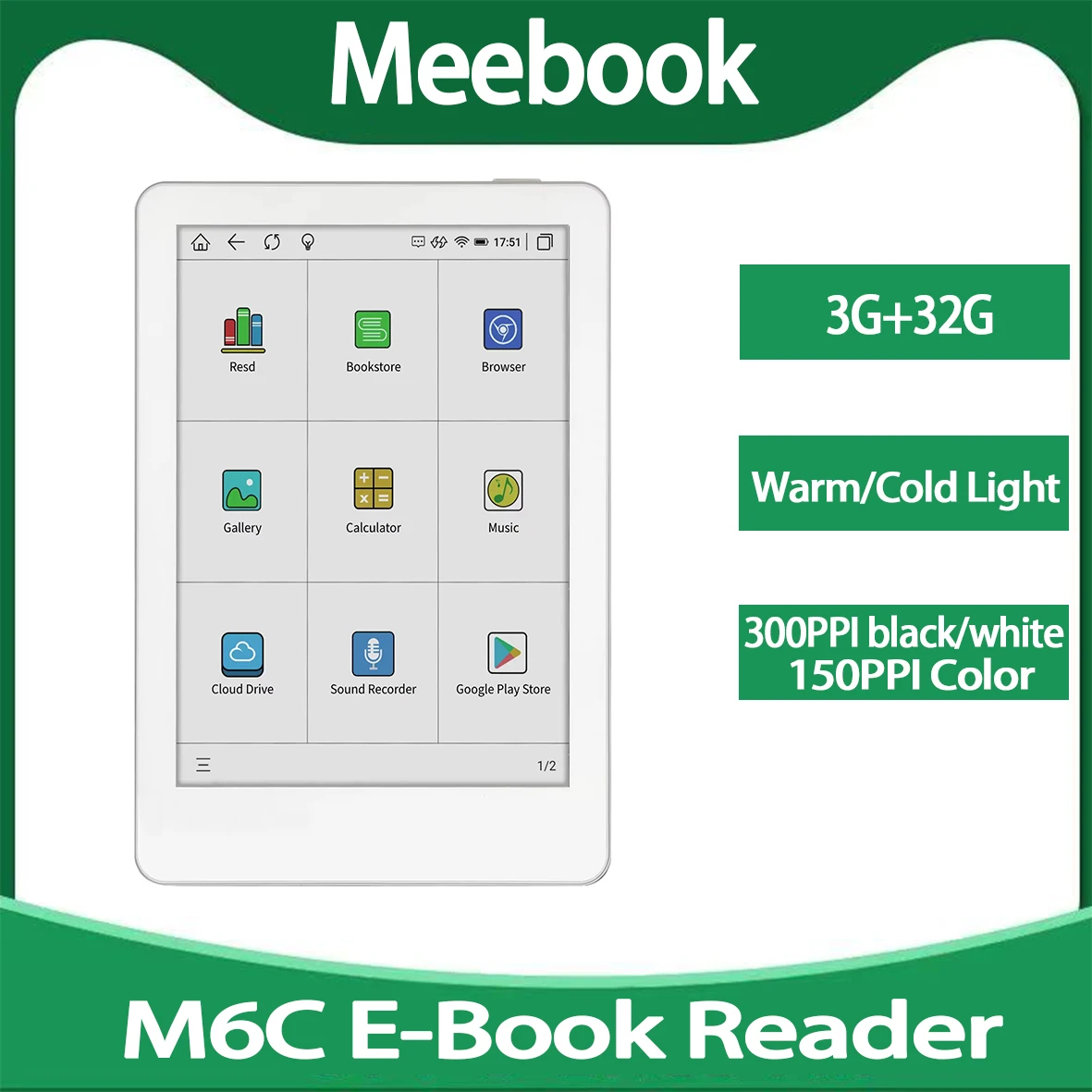 MEEBOOK M6C 6“ color screen e-book reader Kaleidoscope 3 new color screen technology portable reading 3+32G support 15 languages