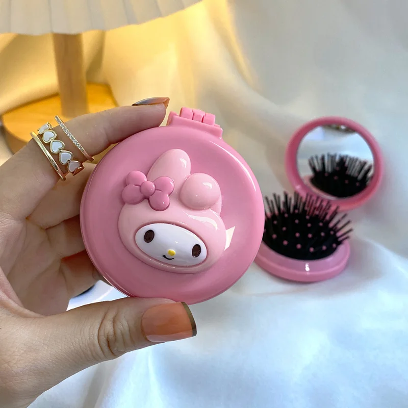 Sanrio-Mini espejo de maquillaje para mujer, peine plegable de Hello Kitty Kuromi con Airbag, portátil, cojín de aire, regalos para niñas