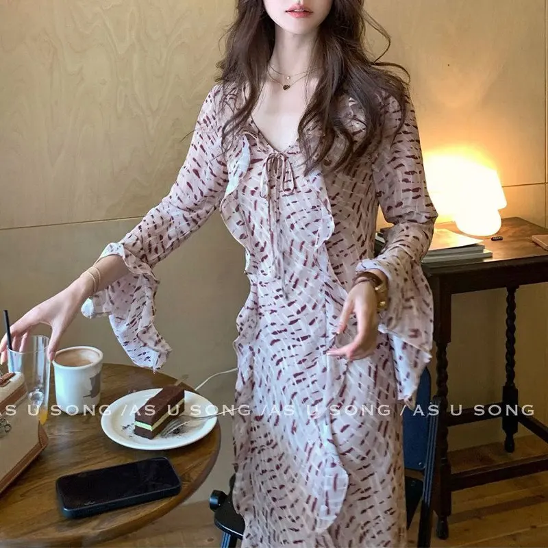 Women V Neck Floral Ruffled Flare Long Sleeve Long Dress Fashion Drawstring Autumn Vacation Irregular A-Line Split Maxi Dress