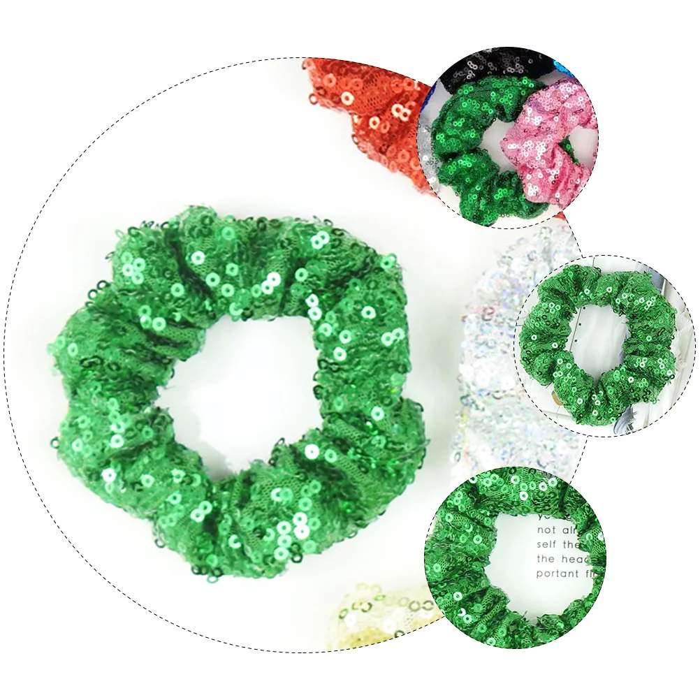 

2pcs Sequin Hair Tie Elastic Shiny Festive Bands Fabric Ponytail Holder Green Color Christmas Party Accessories
