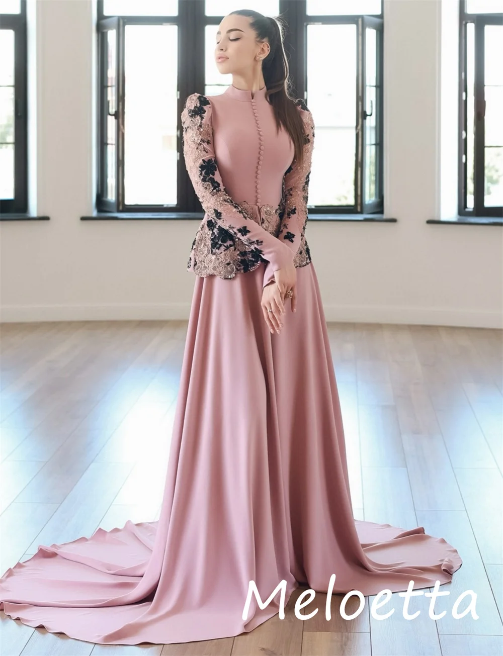 Robes longues personnalisées en Jersey de Style chinois, ligne a, fleurs pailletées, col haut, occasions classiques sur mesure