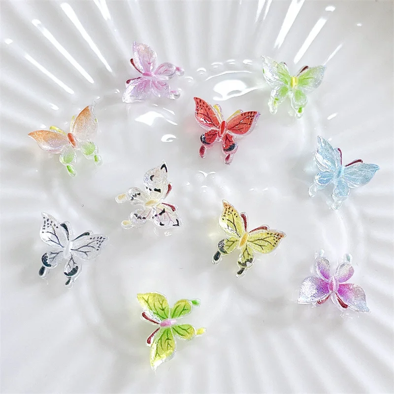 20pcs 3D Ice Transparent Butterfly Nail Art Charms Kawaii Gradient Resin Butterfly Nail Decoration DIY Rhinestones Accessories