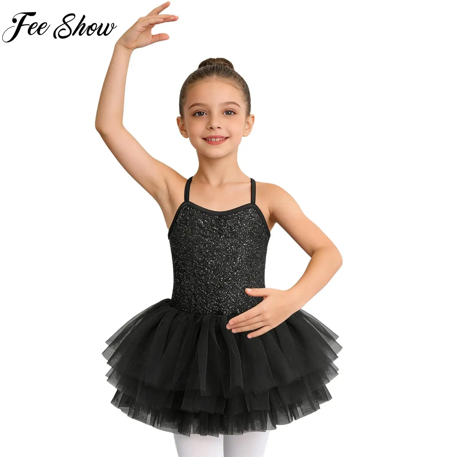 

Kids Girls Ballet Jazz Dance Dress Layered Sleeveless Sequin Tulle Tutu Dress Gymnastics Dance Stage Performance Competition Set