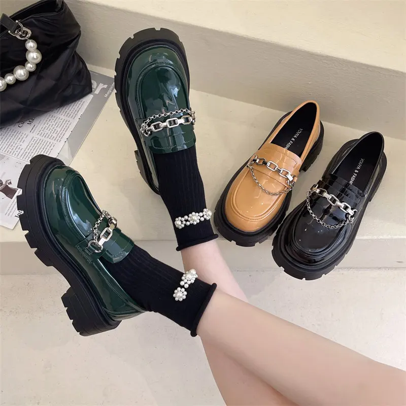 Women Pumps Lady Loafers Chunky Heel Platform Metal Chain Shoes Female Casual Retro College Girl Daily Round Toe Mujer Footwear