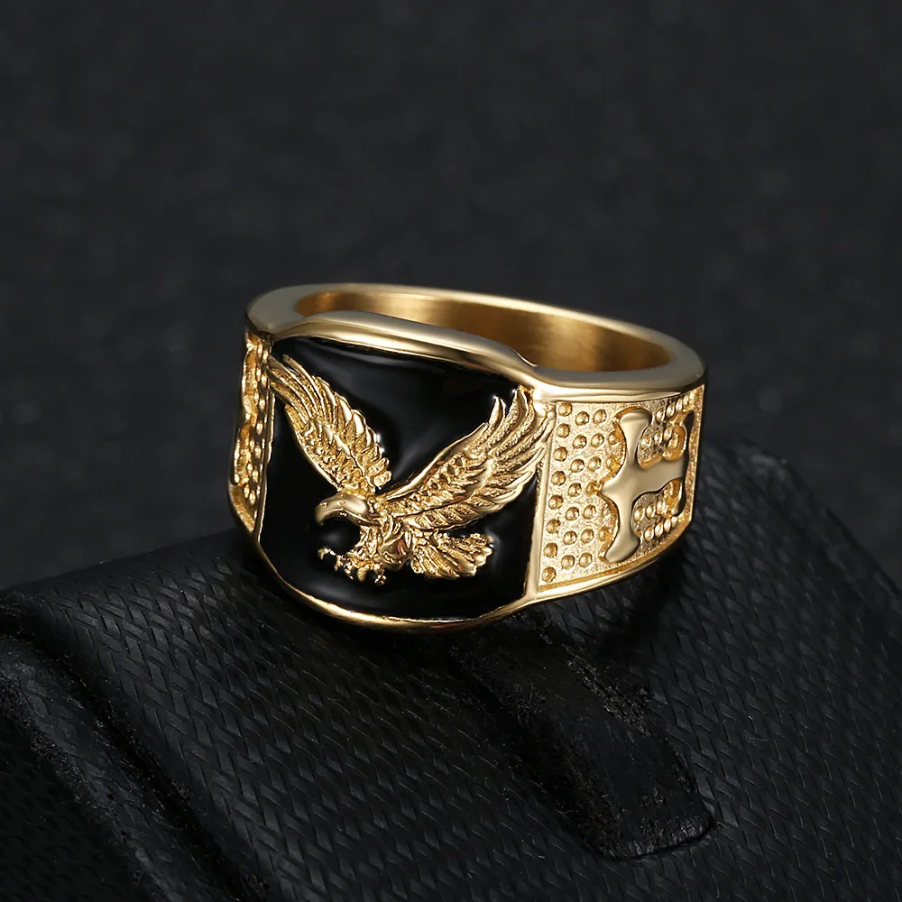 HIPHOP stainless steel plated eagle gold spread wings flying domineering men's ring gift