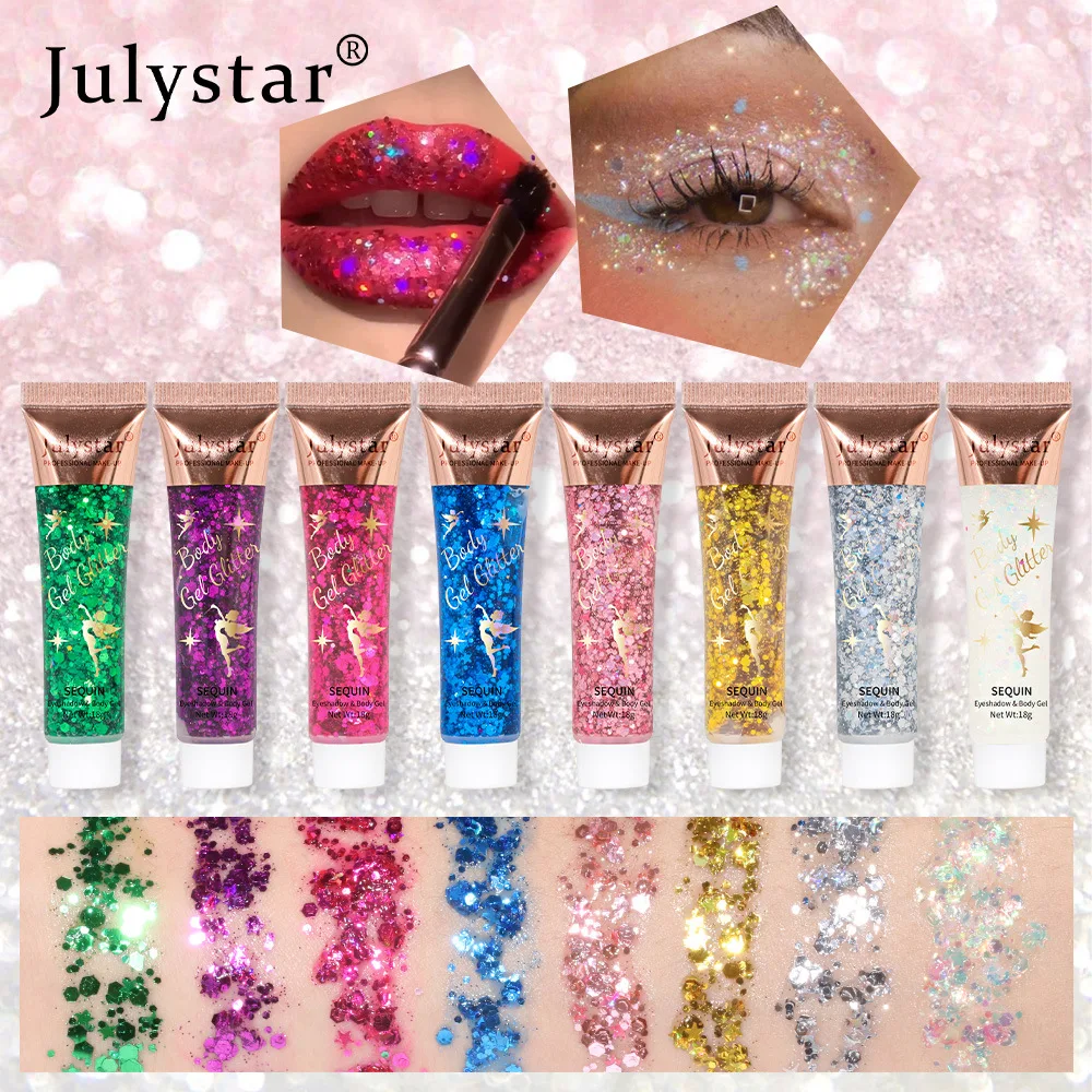 Julystar-Gel Glitter para Cabelo, Maquiagem Corporal, Gel Lantejoula, Decoração de Sombra, Gel Diamond Glitter, Lantejoulas Soltas para Coração, Cosméticos