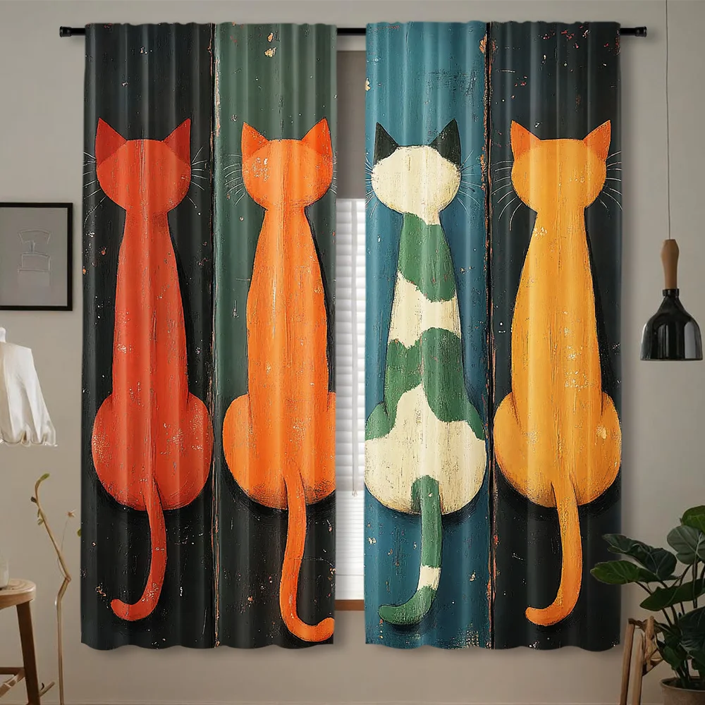 Funny Cat Butt Curtains, Colorful Rear View Feline Window Drapes, Retro Vintage Decor, Blackout Fabric for Living Room Kitchen