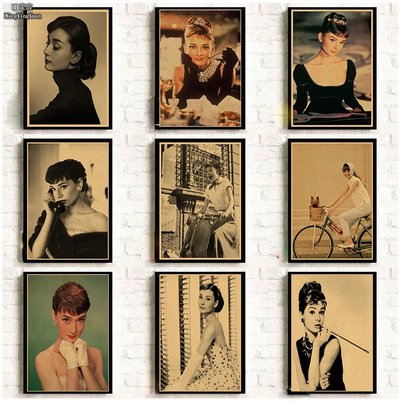 British Classic Movie Star Audrey Hepburn Poster Kraft Paper Vintage Poster for Bedroom Home Wall Stickers Wall Decorative gift