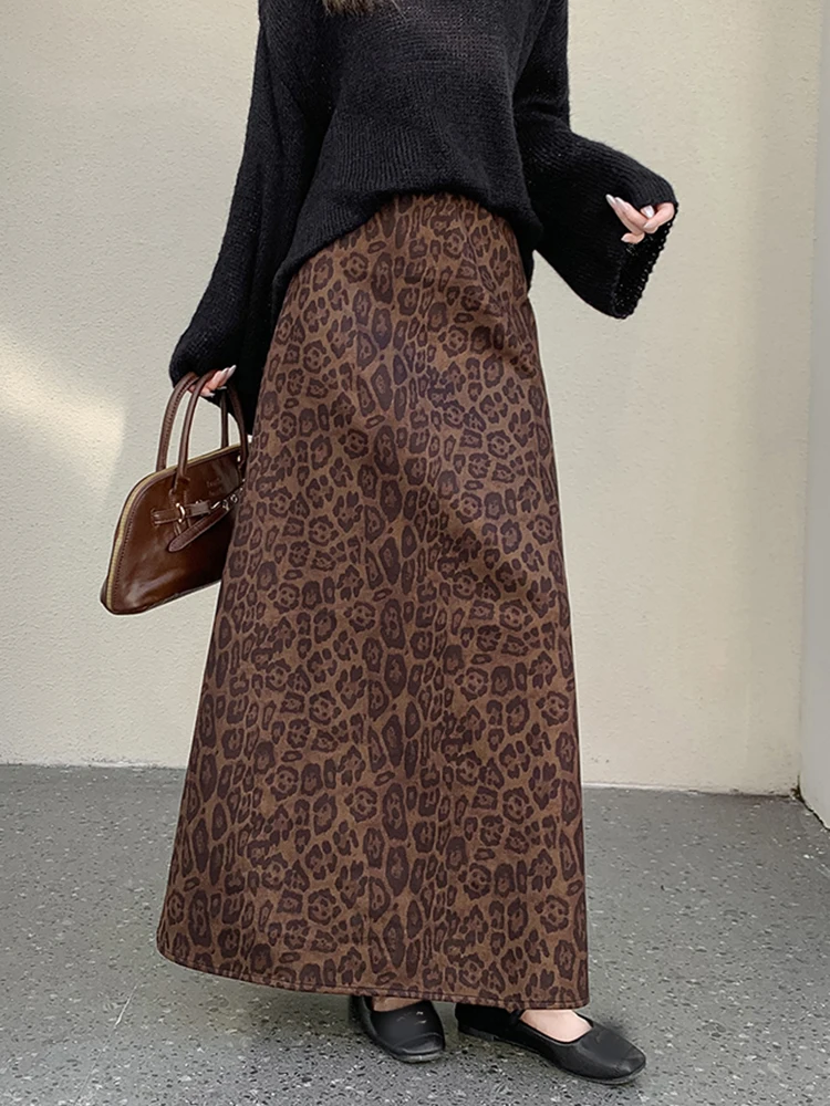 

Streetwear Leopard Long Skirt Women High Waist Vintage Y2k Faux Suede Skirts Fall Winter Retro New American Long Skirts