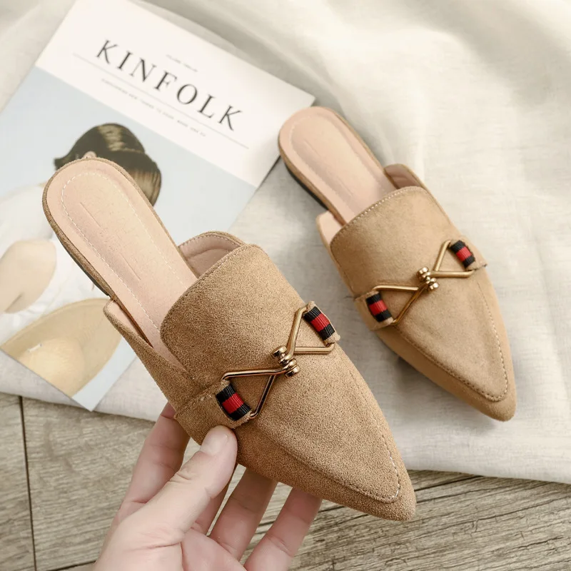 Spring and Summer New Fashion Wear Slippers Women Korean Pointed Suede Flat Flat Girl Mueller Shoes History Free Delivery