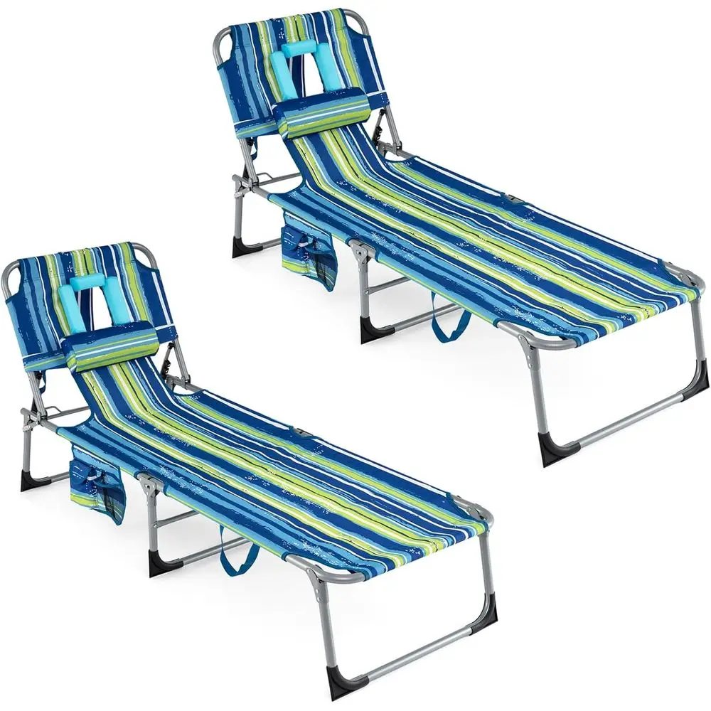 

Adjustable Beach Lounge Chair with Pillow & Side Pocket, Folding Outdoor or Sunbathing, Camping, Blue & Green