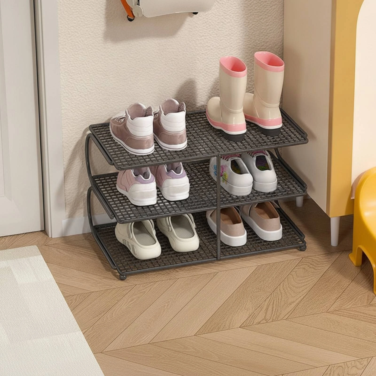 Three-Tier Metal Shoe Rack Sturdy Wire-Grid Shoe Rack with Curved Side Supports Easy to Clean Versatile for Entryway